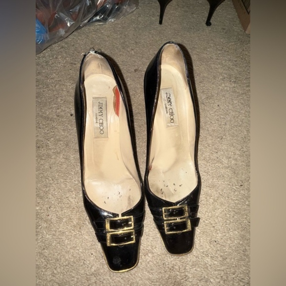 Jimmy Choo Black Gold Patent Leather Double Buckle & Toe Plate Detail Pumps - Picture 4 of 4